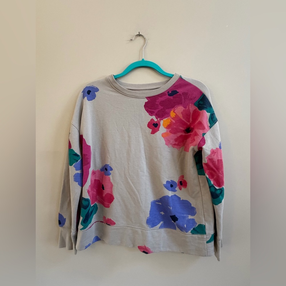 Aerie Multicolor Floral Cotton Blend Long Sleeve Sweater Top, Casual Comfy Cozy